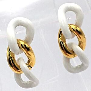 Vintage Napier White Enamel Gold Tone Curb Link Chain Dangle Earrings 1960s